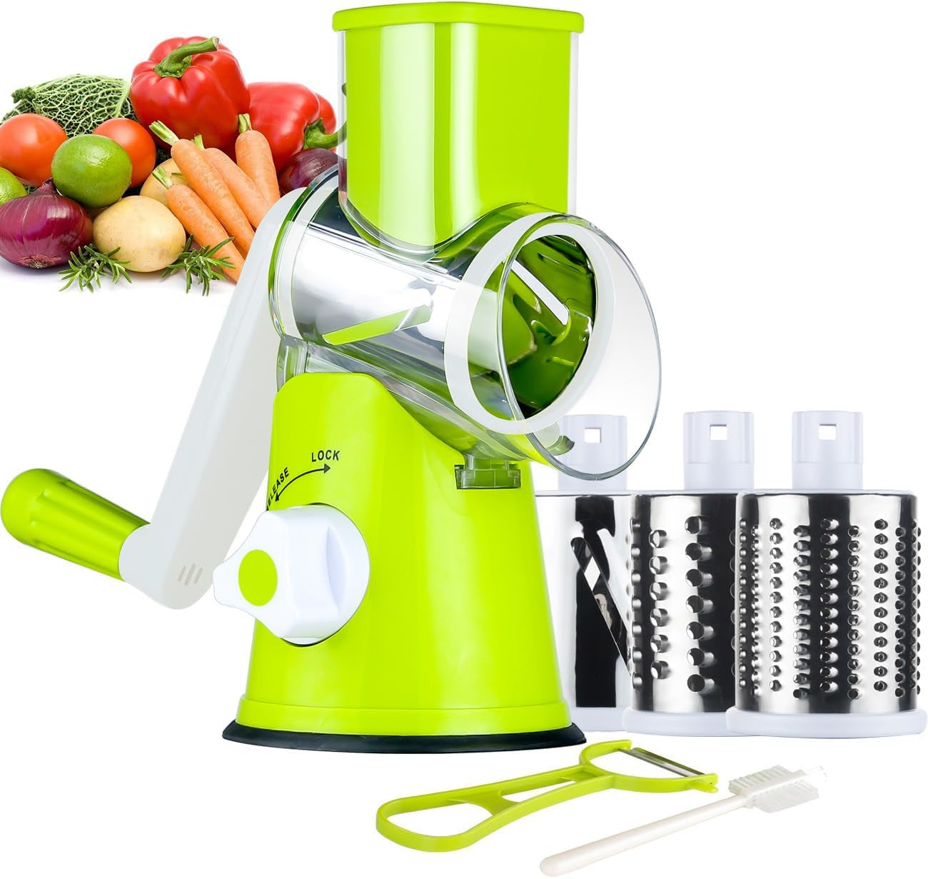 Rotary Cheese Grater Hand Crank, Kitchen Shredder Speed Mandolin Slicer Ice Shaver with Handle and Drum Blades for Cheese, Vegetable, Nuts, Chocolate, Potato, Carrot, 5 Blades, Black