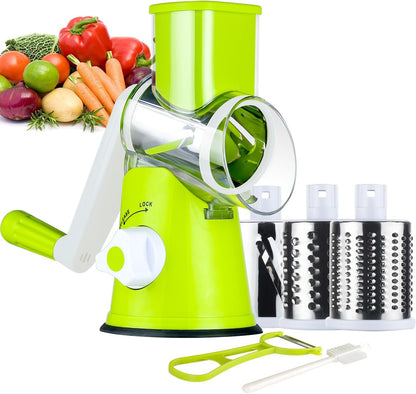 Rotary Cheese Grater Hand Crank, Kitchen Shredder Speed Mandolin Slicer Ice Shaver with Handle and Drum Blades for Cheese, Vegetable, Nuts, Chocolate, Potato, Carrot, 5 Blades, Black